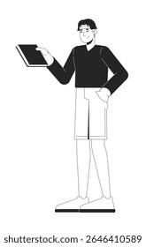 Chinese young man holding book in relaxed pose 2D line character. Bookworm reader. Korean male in casual style with reading hobby isolated vector ink outline person. Monochromatic spot illustration