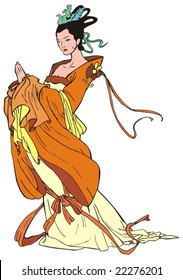 Chinese young woman, pastiche of traditional Chinese painting, character from mythology, vector illustration