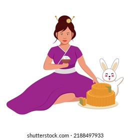 Chinese Young Woman Sitting With Funny Rabbit And Mooncake Illustration On White Background.