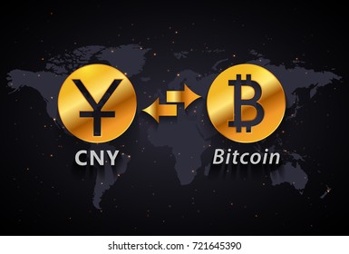 Chinese Yuan to Bitcoin currency exchange infographic template on world map background