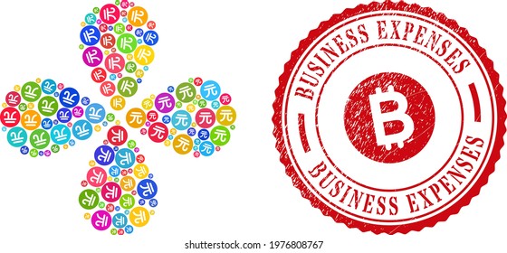 Chinese yuan coin bright twirl abstract flower, and red round BUSINESS EXPENSES scratched stamp. Chinese yuan coin symbol inside round stamp print.