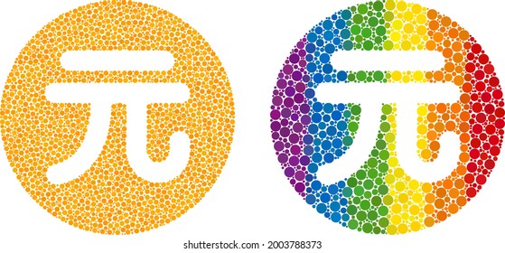 Chinese yuan coin mosaic icon of circle elements in variable sizes and rainbow colored color tones. A dotted LGBT-colored chinese yuan coin for lesbians, gays, bisexuals, and transgenders.