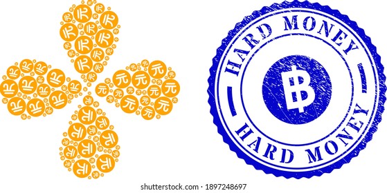 Chinese yuan coin swirl abstract flower, and blue round HARD MONEY textured stamp imitation with icon inside. Element flower designed from oriented chinese yuan coin items.