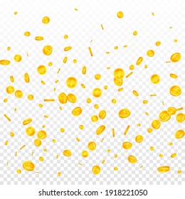 Chinese yuan coins falling. Amusing scattered CNY coins. China money. Enchanting jackpot, wealth or success concept. Vector illustration.