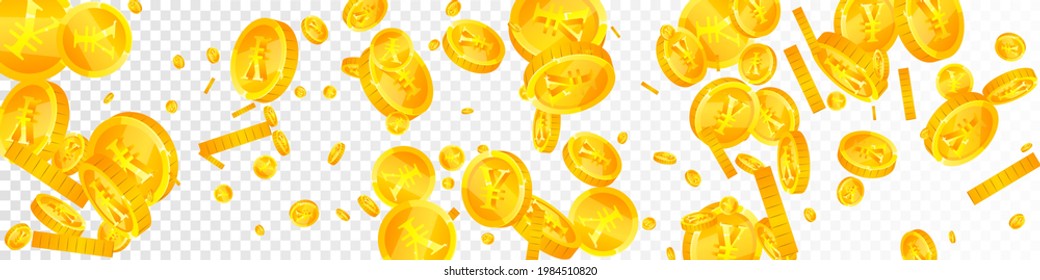 Chinese yuan coins falling. Bold scattered CNY coins. China money. Majestic jackpot, wealth or success concept. Vector illustration.