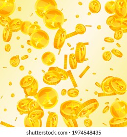 Chinese yuan coins falling. Dramatic scattered CNY coins. China money. Nice jackpot, wealth or success concept. Vector illustration.