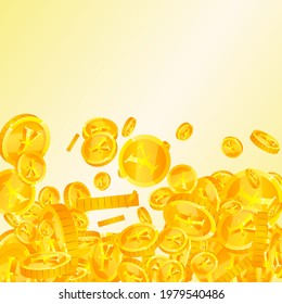 Chinese yuan coins falling. Energetic scattered CNY coins. China money. Cute jackpot, wealth or success concept. Vector illustration.