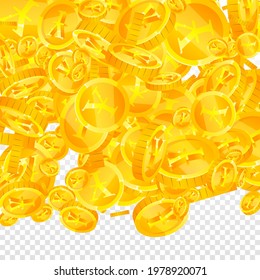 Chinese yuan coins falling. Excellent scattered CNY coins. China money. Remarkable jackpot, wealth or success concept. Vector illustration.