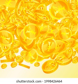Chinese yuan coins falling. Excellent scattered CNY coins. China money. Incredible jackpot, wealth or success concept. Vector illustration.