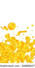 Chinese yuan coins falling. Pleasing scattered CNY coins. China money. Bewitching jackpot, wealth or success concept. Vector illustration.