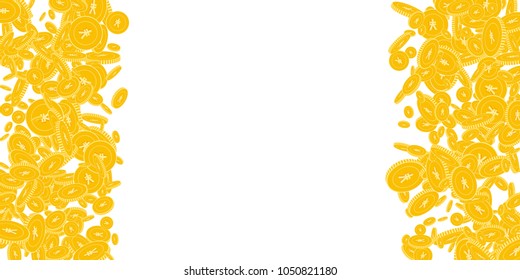 Chinese yuan coins falling. Scattered floating CNY coins on white background. Artistic right left border vector illustration. Jackpot or success concept.
