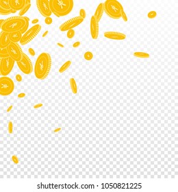 Chinese yuan coins falling. Scattered floating CNY coins on transparent background. Artistic scattered top left corner vector illustration. Jackpot or success concept.
