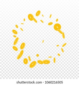 Chinese yuan coins falling. Scattered disorderly CNY coins on transparent background. Classy round frame vector illustration. Jackpot or success concept.