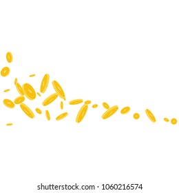 Chinese yuan coins falling. Scattered disorderly CNY coins on white background. Cool square shape vector illustration. Jackpot or success concept.