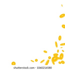 Chinese yuan coins falling. Scattered disorderly CNY coins on white background. Worthy abstract right bottom corner vector illustration. Jackpot or success concept.