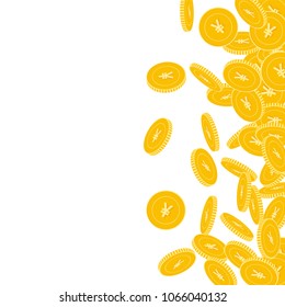 Chinese yuan coins falling. Scattered big CNY coins on white background. Neat scatter right gradient vector illustration. Jackpot or success concept.