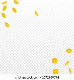 Chinese yuan coins falling. Scattered sparse CNY coins on transparent background. Gorgeous scatter abstract corners vector illustration. Jackpot or success concept.