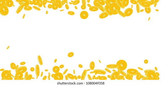 Chinese yuan coins falling. Scattered floating CNY coins on white background. Breathtaking scattered border vector illustration. Jackpot or success concept.