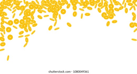Chinese yuan coins falling. Scattered small CNY coins on white background. Actual falling rain vector illustration. Jackpot or success concept.