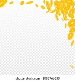 Chinese yuan coins falling. Scattered floating CNY coins on transparent background. Attractive abstract right top corner vector illustration. Jackpot or success concept.