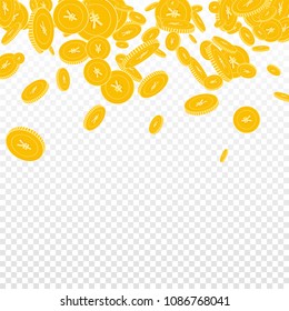 Chinese yuan coins falling. Scattered floating CNY coins on transparent background. Powerful scatter top gradient vector illustration. Jackpot or success concept.