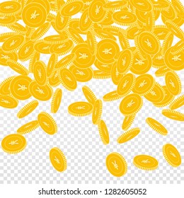 Chinese yuan coins falling. Scattered bi CNY coins on transparent background. Delightful top gradient vector illustration. Jackpot or success concept.