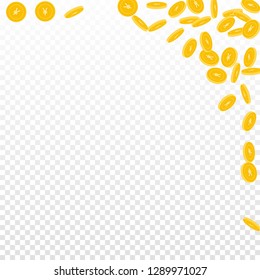 Chinese yuan coins falling. Scattered small CNY coins on transparent background. Awesome abstract right top corner vector illustration. Jackpot or success concept.