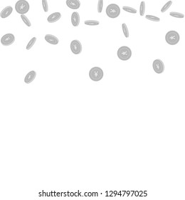 Chinese yuan coins falling. Scattered black and white CNY sparse coins. Jackpot or success concept. Majestic scatter top gradient vector illustration.