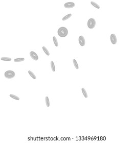 Chinese yuan coins falling. Scattered black and white CNY sparse coins. Jackpot or success concept. Creative radiant left top corner vector illustration.