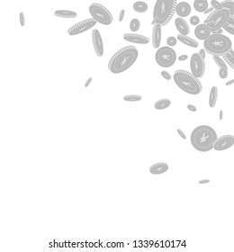 Chinese yuan coins falling. Scattered black and white CNY floating coins. Jackpot or success concept. Pretty scattered top right corner vector illustration.
