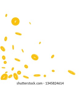 Chinese yuan coins falling. Scattered disorderly CNY coins on white background. Shapely scattered bottom left corner vector illustration. Jackpot or success concept.