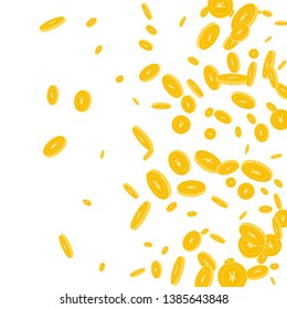 Chinese yuan coins falling. Scattered disorderly CNY coins on white background. Beautiful right gradient vector illustration. Jackpot or success concept.