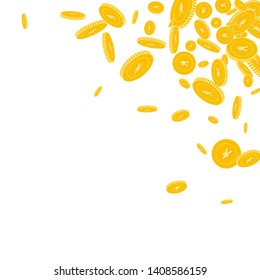 Chinese yuan coins falling. Scattered floating CNY coins on white background. Bold scattered top right corner vector illustration. Jackpot or success concept.
