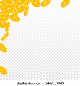 Chinese yuan coins falling. Scattered big CNY coins on transparent background. Surprising abstract left top corner vector illustration. Jackpot or success concept.