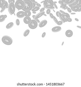 Chinese yuan coins falling. Scattered black and white CNY floating coins. Jackpot or success concept. Magnetic scatter top gradient vector illustration.