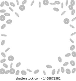 Chinese yuan coins falling. Scattered black and white CNY sparse coins. Jackpot or success concept. Extraordinary round random frame vector illustration.