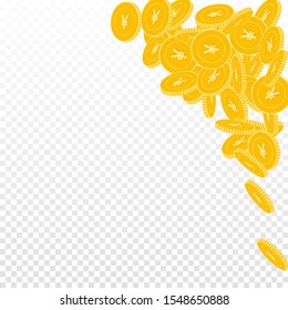 Chinese yuan coins falling. Scattered bi CNY coins on transparent background. Great top right corner vector illustration. Jackpot or success concept.