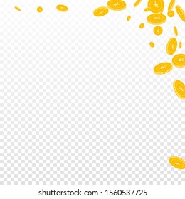 Chinese yuan coins falling. Scattered disorderly CNY coins on transparent background. Artistic abstract right top corner vector illustration. Jackpot or success concept.