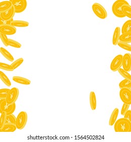 Chinese yuan coins falling. Scattered big CNY coins on white background. Stunning messy border vector illustration. Jackpot or success concept.
