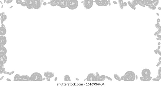 Chinese yuan coins falling. Scattered black and white CNY floating coins. Jackpot or success concept. Fantastic wide frame vector illustration.