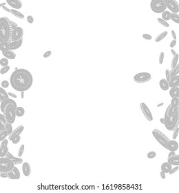 Chinese yuan coins falling. Scattered black and white CNY floating coins. Jackpot or success concept. Brilliant messy border vector illustration.