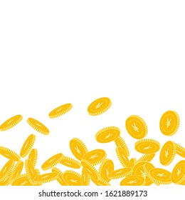 Chinese yuan coins falling. Scattered big CNY coins on white background. Great scatter bottom gradient vector illustration. Jackpot or success concept.
