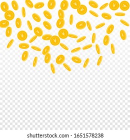 Chinese yuan coins falling. Scattered sparse CNY coins on transparent background. Mind-blowing top semicircle square vector illustration. Jackpot or success concept.