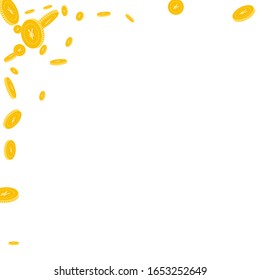 Chinese yuan coins falling. Scattered disorderly CNY coins on white background. Terrific abstract left top corner vector illustration. Jackpot or success concept.