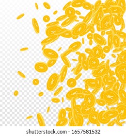 Chinese yuan coins falling. Scattered floating CNY coins on transparent background. Bewitching right gradient vector illustration. Jackpot or success concept.