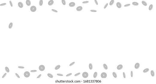 Chinese yuan coins falling. Scattered black and white CNY sparse coins. Jackpot or success concept. Eminent scattered border vector illustration.