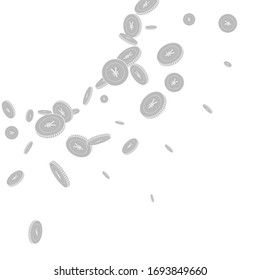 Chinese yuan coins falling. Scattered black and white CNY disorderly coins. Jackpot or success concept. Classy radiant left top corner vector illustration.
