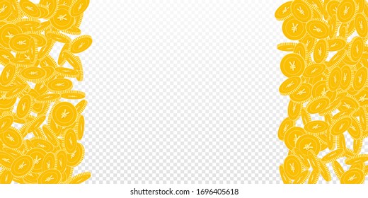 Chinese yuan coins falling. Scattered bi CNY coins on transparent background. Alive right left border vector illustration. Jackpot or success concept.