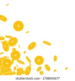 Chinese yuan coins falling. Scattered floating CNY coins on white background. Splendid scattered bottom left corner vector illustration. Jackpot or success concept.