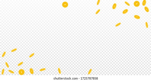 Chinese yuan coins falling. Scattered sparse CNY coins on transparent background. Excellent wide corners vector illustration. Jackpot or success concept.